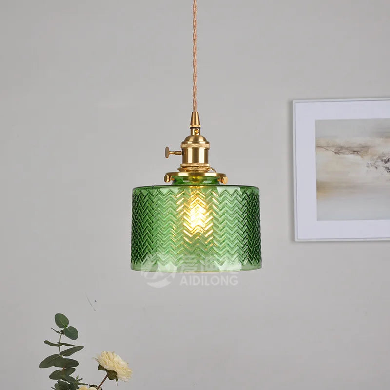 Afralia™ Modern Green Glass Hanging Lamp Copper Knob Switch LED Pendant Light Suite