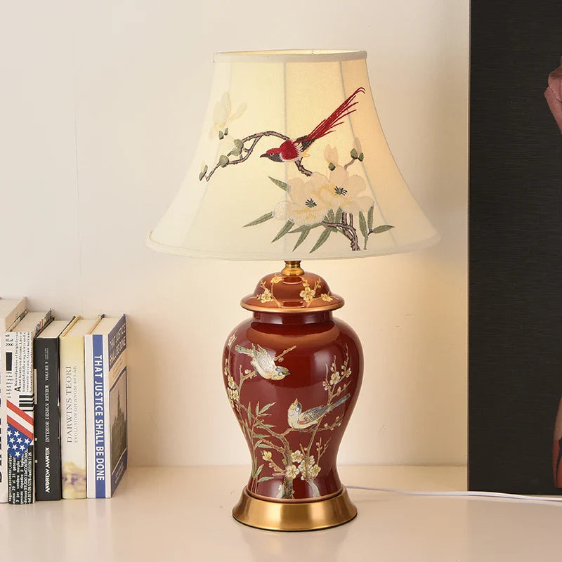 Afralia™ Festive Magpie Embroidery Lampshade & Ceramic Table Lamp - Marriage Home Decor