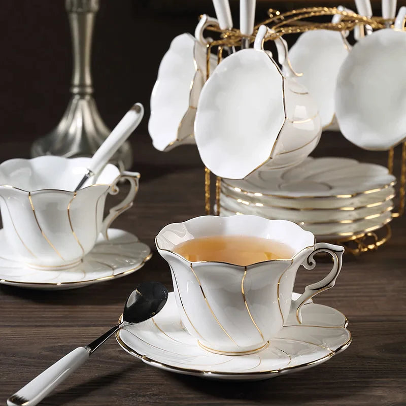 Afralia™ Gold Wave Bone China Tea Cup Set 200ml High-grade Porcelain Drinkware