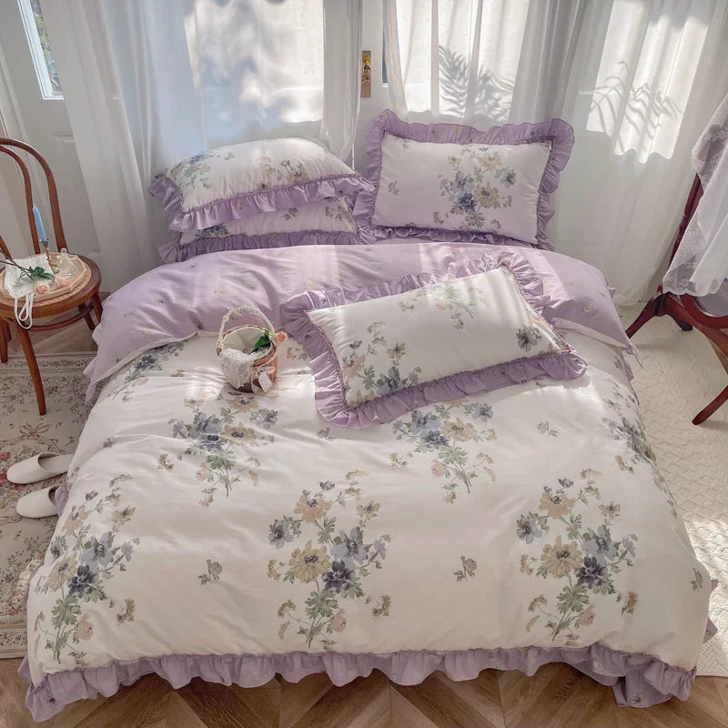 Afralia™ Gardenia Print Princess Bedding Set with Ruffles and Pillowcases