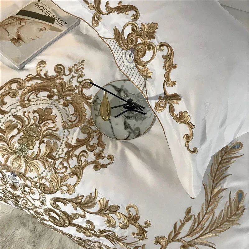 Afralia™ Luxurious White Satin & Cotton Bedding Set with Royal Gold Embroidery