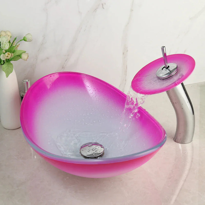 Afralia™ Pink Flower Glass Vessel Sink Set with Faucet - Hand Painted Artistic Design