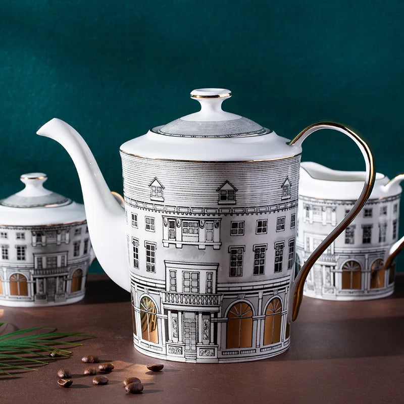 Afralia™ Swan Fort Bone China Tea Set with Coffeepot, Milk Jar, Sugar Container