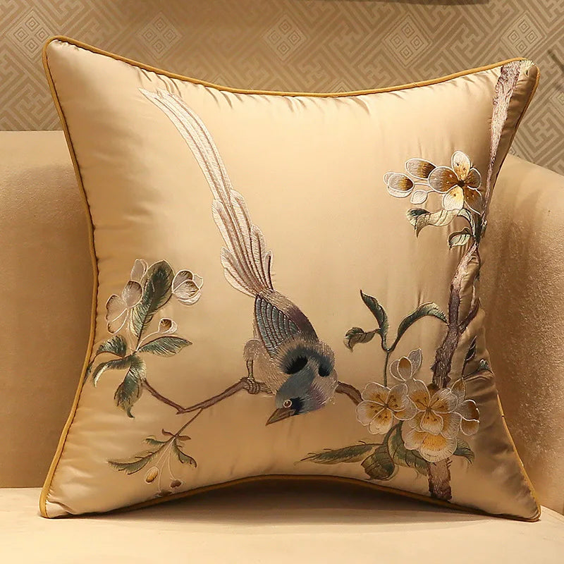 Afralia™ Silky Oriental Floral Bird Embroidery Cushion Cover for Sofa and Bedroom