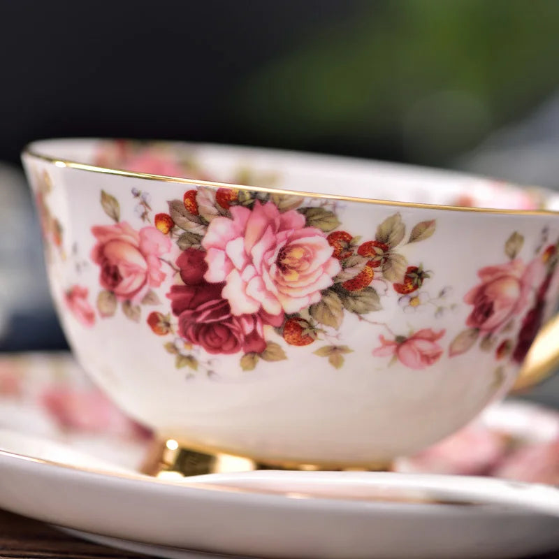 Afralia™ Elegant Floral Tea Set - 200ml Capacity Bone China Cup, Saucer, and Spoon