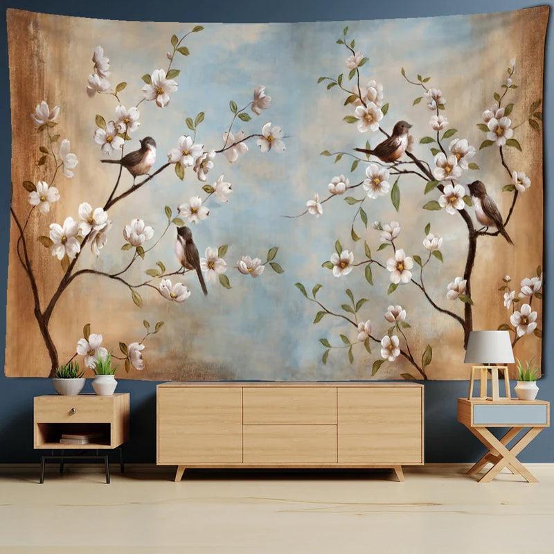 Afralia™ Flower Bird Chinese Painting Tapestry Wall Hanging Bohemian Style Home Decor