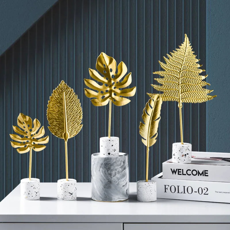 Afralia™ Gold Leaf Decorations on Marble Base - Creative Metal Crafts for Home Decor