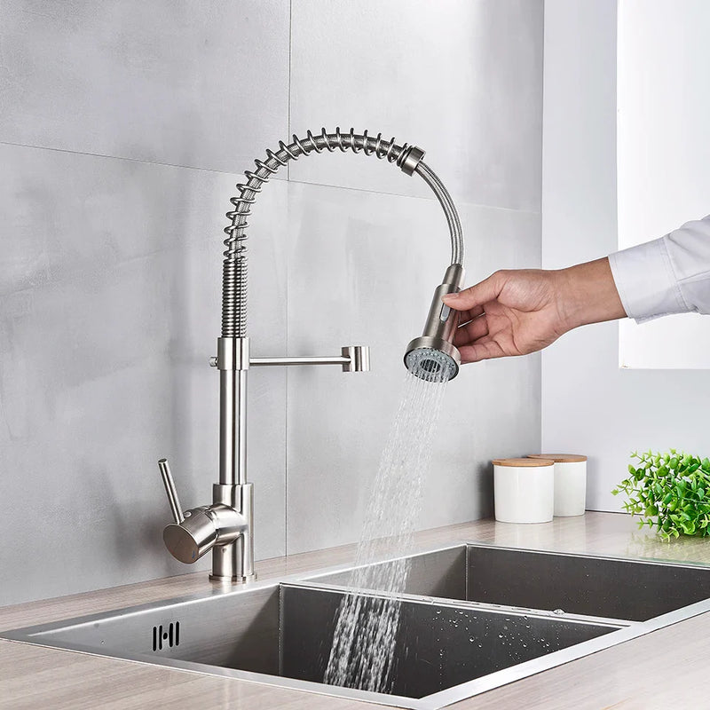 Afralia™ Brushed Nickel Pull Down Kitchen Faucet - 360° Rotation Hot Cold Water Mixer