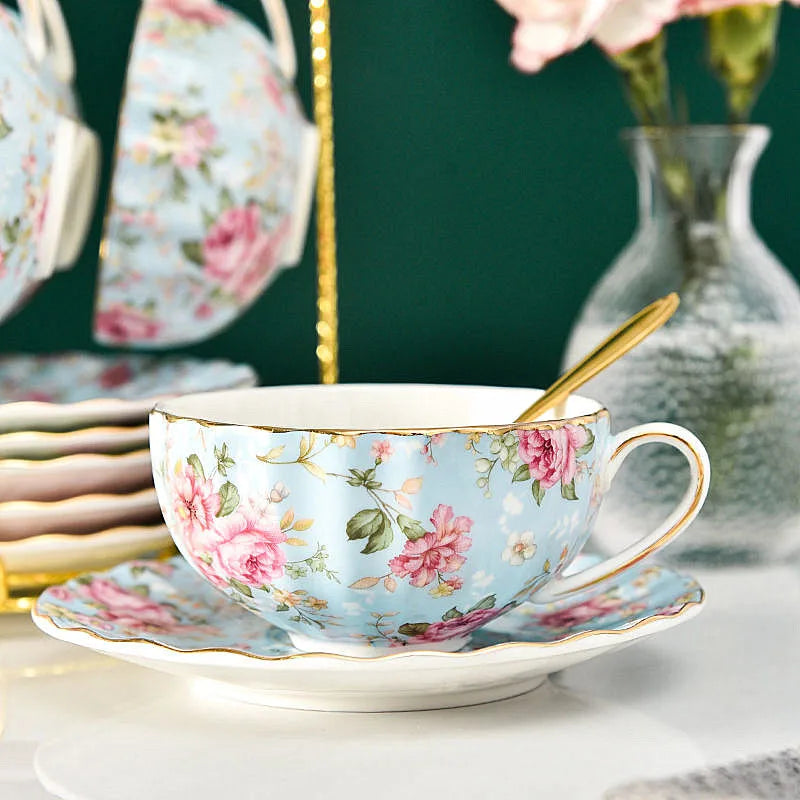 Afralia™ Elegant Flower Tea Cup Set with Spoon & Saucer