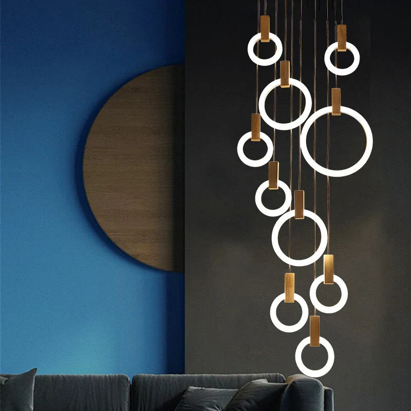 Afralia™ Wooden Ring LED Chandelier for Staircase and Dining Room Lighting