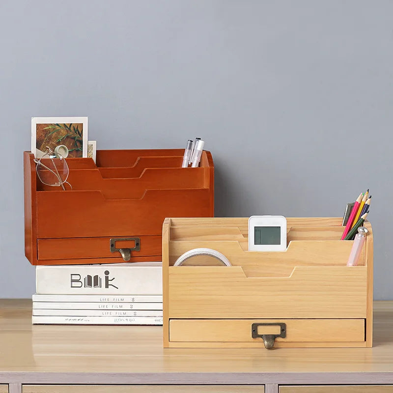 Afralia™ Wooden Desk Organizer for Office Storage and Sorting with Multipurpose Compartments