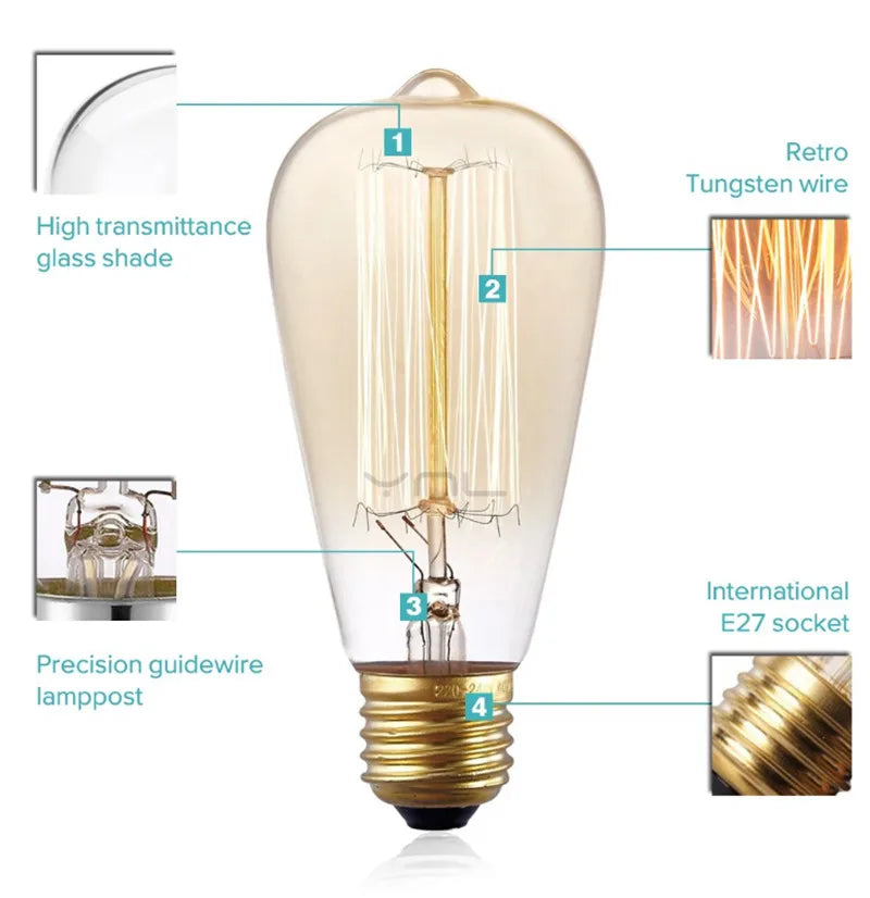 Afralia™ ST64 Retro Filament Bulb 40W 60W E27 Warm White Light 220v Vintage Edison