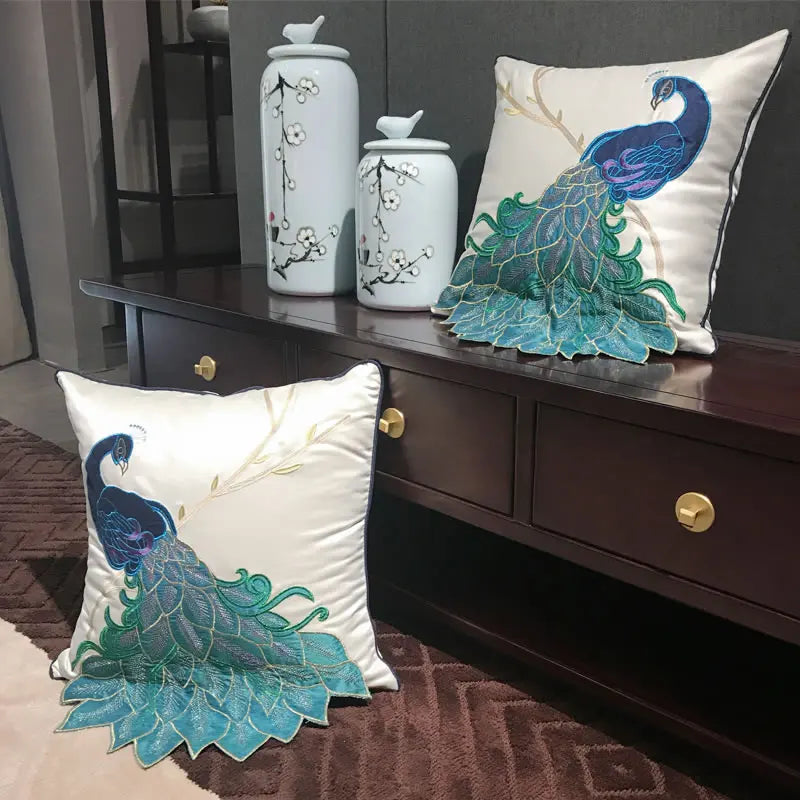 Afralia™ Embroidered Peacock Design Cushion Cover - Chinese Style Decorative Pillow Case