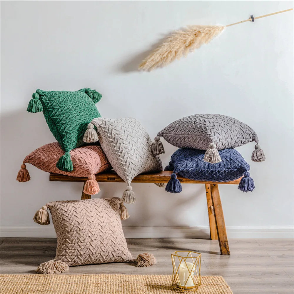 Afralia™ Chenille Knit Tassel Pillowcase Set Yellow Beige White 45x45cm Sofa Cushion