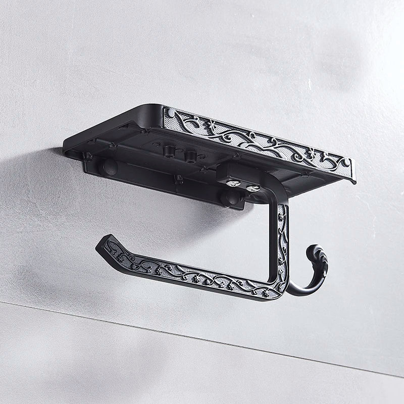 Afralia™ Black Toilet Paper Holder with Phone Rack: Wall-Mounted Aluminum Bathroom Storage