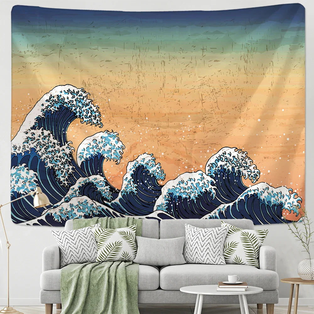 Afralia™ Kanagawa Waves Hanging Tapestry: Boho Sun Wall Tapestries, Bedspread, Yoga Mat