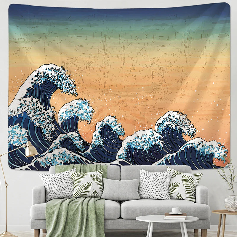 Afralia™ Kanagawa Waves Hanging Tapestry: Boho Sun Wall Tapestries, Bedspread, Yoga Mat