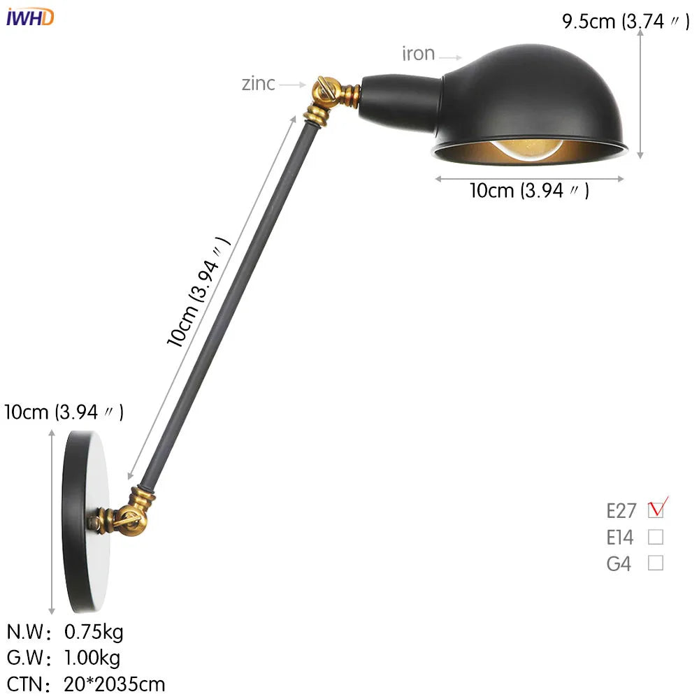 Afralia™ Long Arm Black Wall Light Retro Industrial Vintage LED Wall Lamp