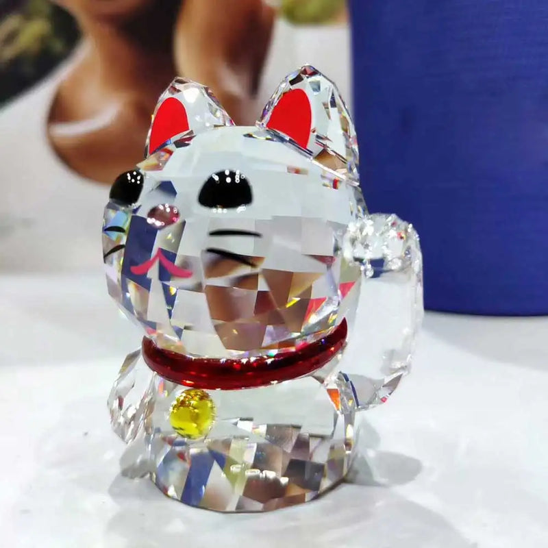 Afralia™ Crystal Lucky Cat Glass Figurine - Fengshui Home Decor & Paperweight