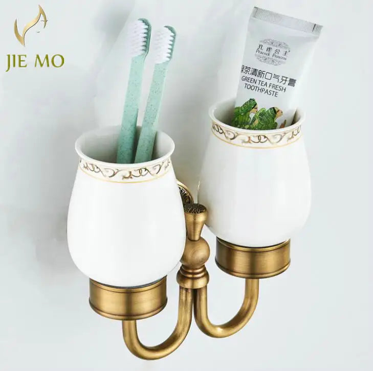 Afralia™ Brass Double Cup Holder with Glass Tumbler - Bathroom Toothbrush Cup Holder