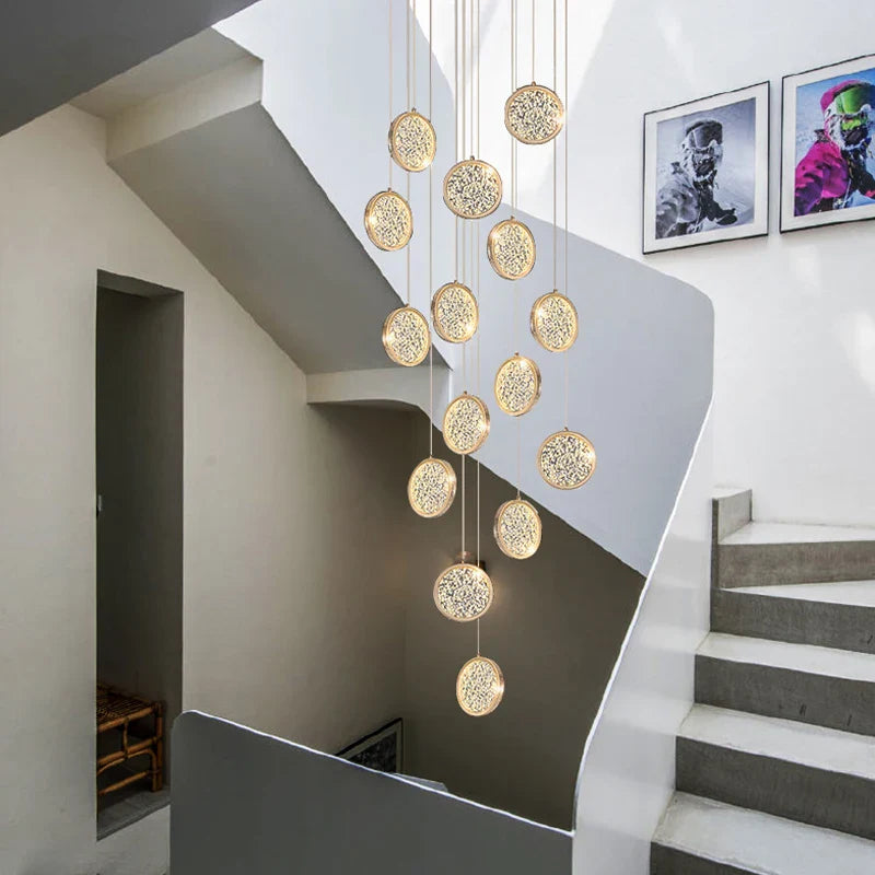 Modern Golden Round Acrylic Stair Chandelier by Afralia™ - Elegant Designer Lighting for Home