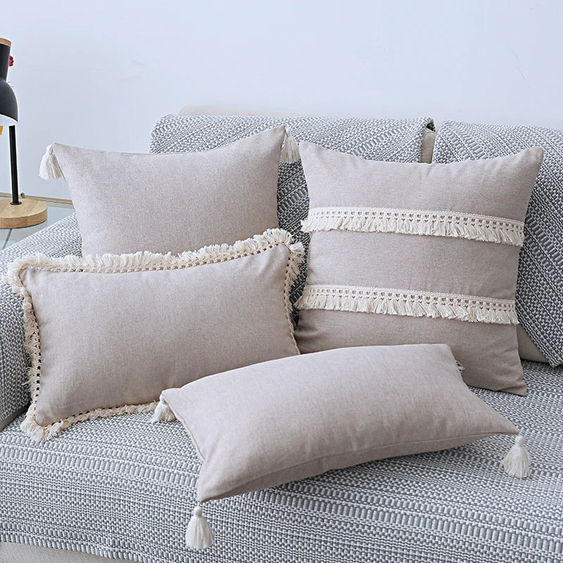 Afralia™ Boho Style Tassel Pillow Cover Set for Sofa Bed, Beige Grey Blue Yellow