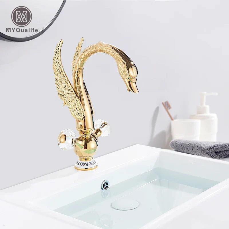 Afralia™ Gold Brass Black Swan Bathroom Basin Faucet Luxury Single Mixer Tap Deck Mounted