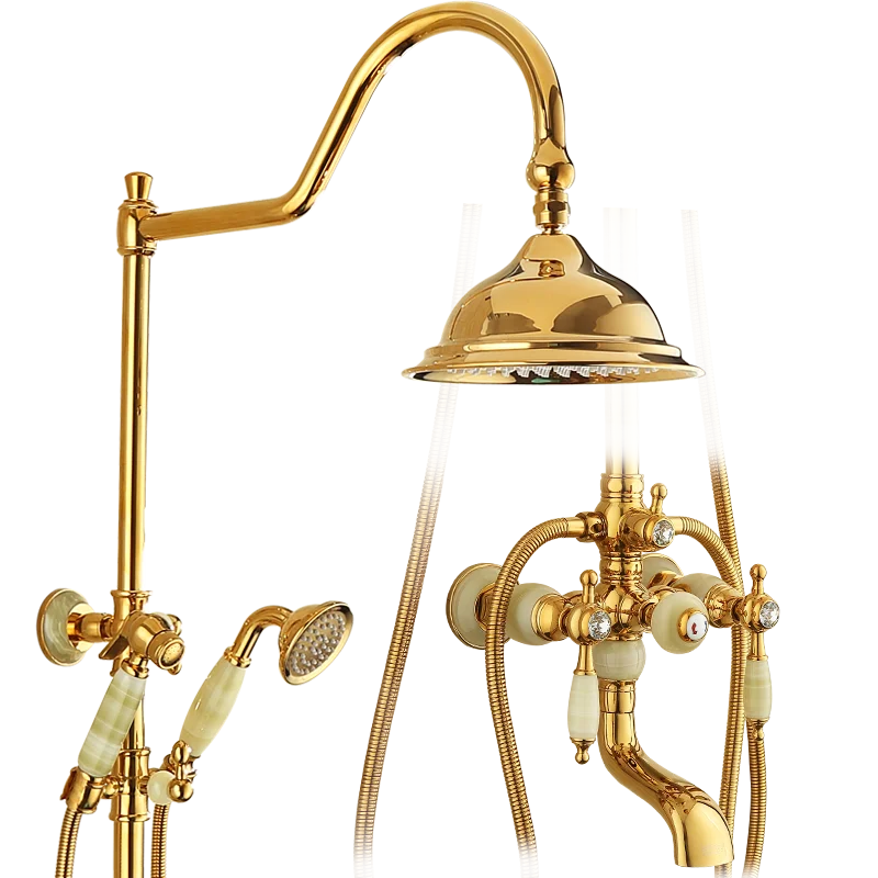 Afralia™ Gold Brass Jade Bath Shower Set Wall Mounted Rainfall Hand Shower Faucet