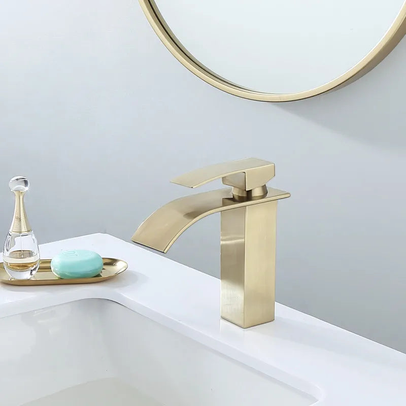 Afralia™ Brushed Gold Basin Faucet: Solid Brass Single Handle Mixer Tap, Deck Mounted.