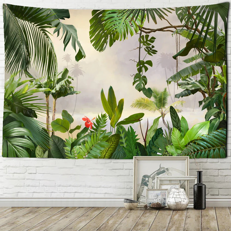 Afralia™ Botanical Palm Leaf Green Tapestry | Tropical Rainforest Plant Wall Hanging