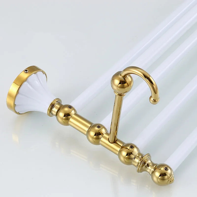 Afralia™ Gold & White Bathroom Accessories Set: Corner Shelf, Paper Holder, Towel Holder, Toilet Brush Holder, Towel Rack