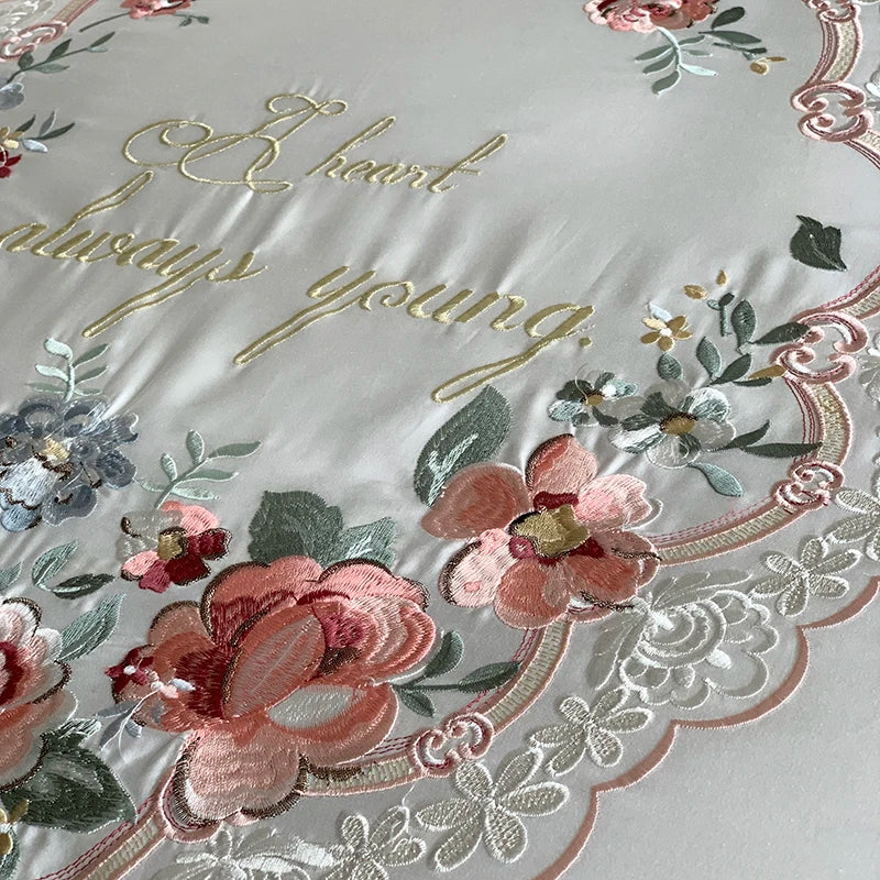 Afralia™ White Embroidered Egyptian Cotton Bedding Set, Pastoral Flowers Theme