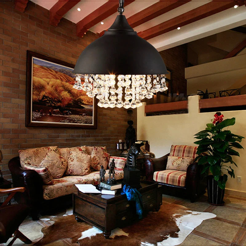 Afralia™ Industrial Black Iron Crystal Chandelier Vintage Pendant Ceiling Fixture for Restaurant, Cafe, Kitchen