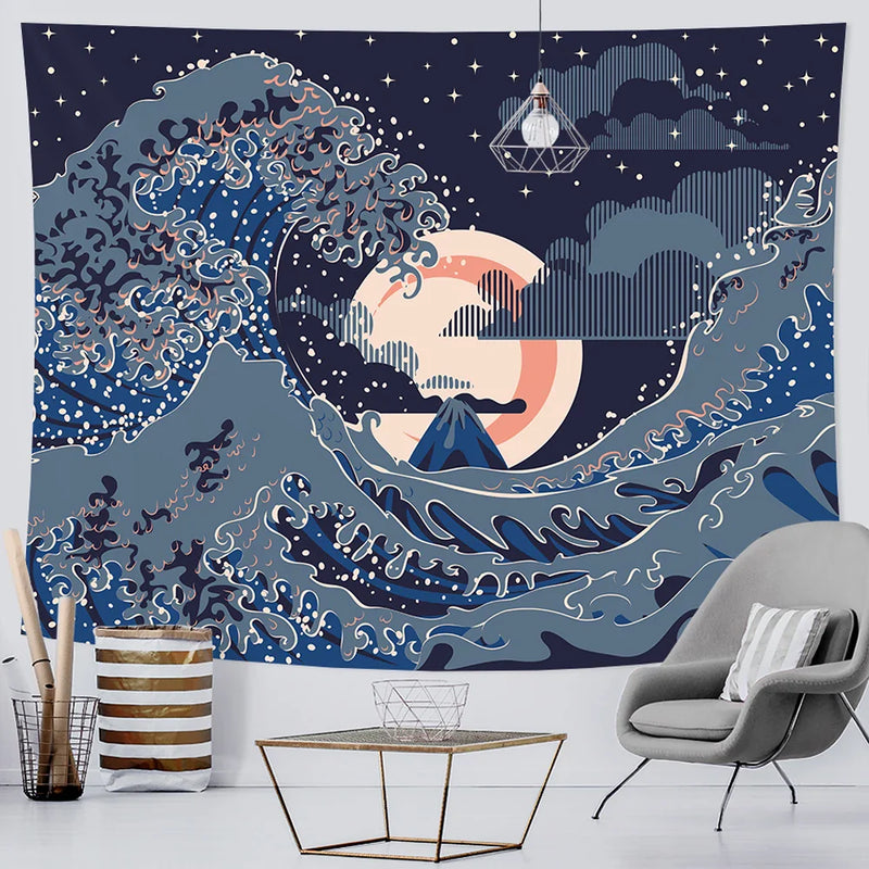 Afralia™ Sea Sunrise Japanese Home Art Tapestry Hippie Bohemian Wall Bed Sofa Blanket