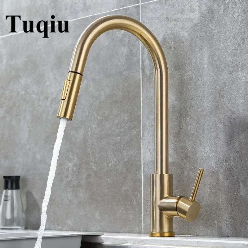 Afralia™ Brushed Gold Pull Out Kitchen Faucet - SUS 304 Stainless Steel