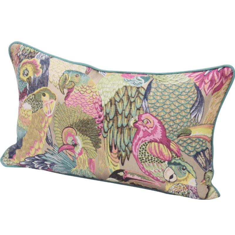 Afralia™ Neoclassical Parrot Flowers Embroidery Lumbar Pillow Cover 30x50cm