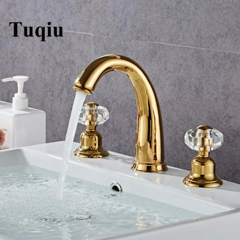 Afralia™ Crystal Handle Gold Basin Faucet, Widespread Sink Tap, Hot/Cold Mixer