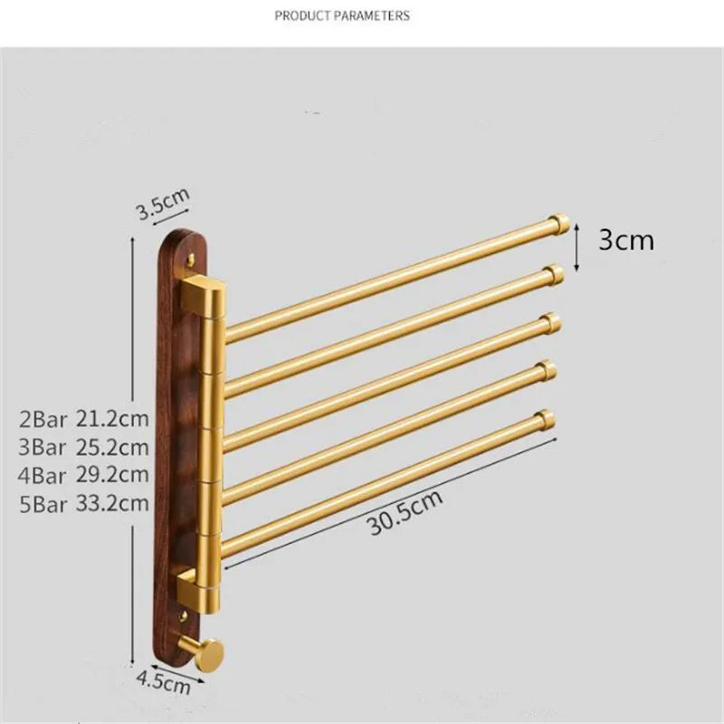 Afralia™ Brushed Gold Wood Swivel Towel Hanger Wall Mounted Folding Bathroom Towel Bar