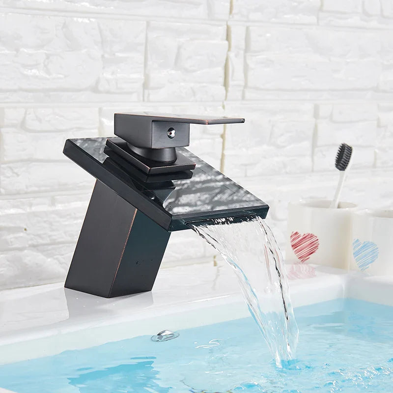 Afralia™ LED Waterfall Bathroom Sink Faucet Black Bronze Single Handle Deck Mount