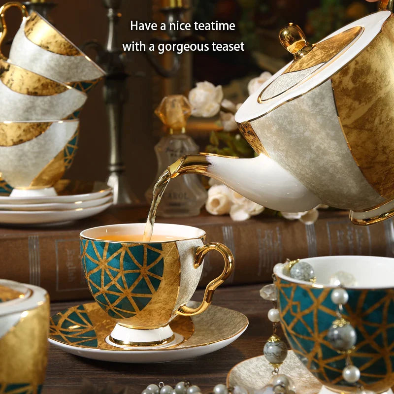 Afralia™ Luxe Gold Inlay Bone China Coffee Set: Teapot, Cup, Sugar Bowl, Creamer, Mug