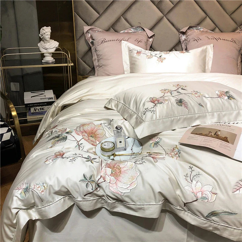 Afralia™ Luxury Bloom Flowers Embroidered Grey White Bedding Set