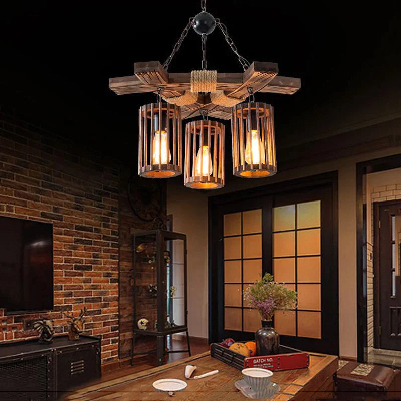 Afralia™ Retro Hemp Rope Chandelier Wood Pendant Light for Bar, Restaurant, Salon