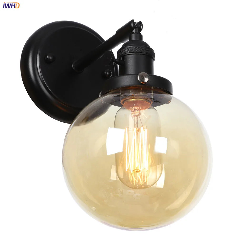 Afralia™ Loft Glass Ball Wall Light Switch Black Wall Sconces - Industrial Decor