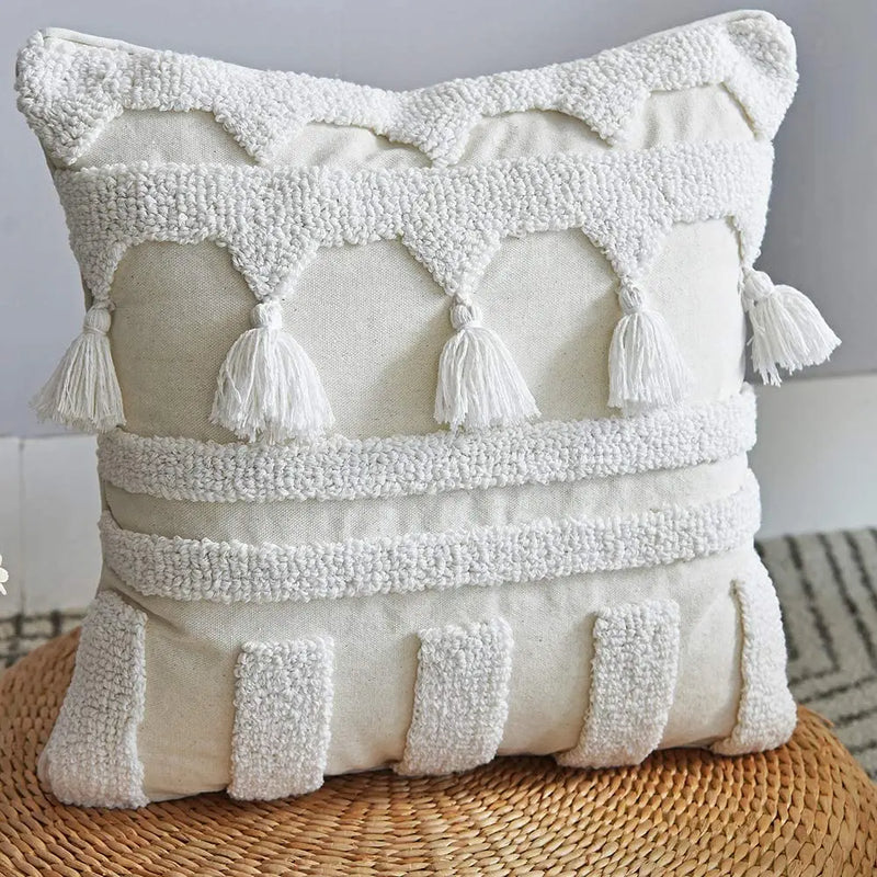 Afralia™ Ivory Tufted Tassel Cushion Cover - Netural Boho Style for Home Decor