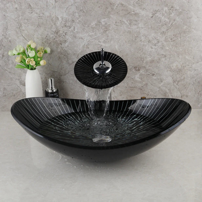 Afralia™ Black Glass Bathroom Sink Set with Hand Painted Design & Waterfall Faucet