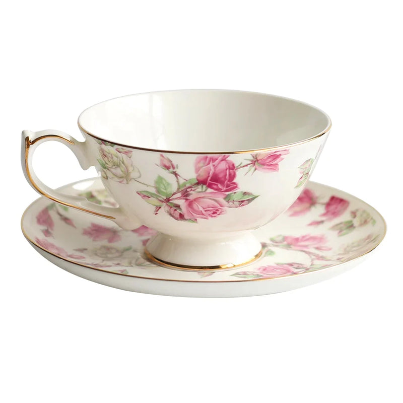 Afralia™ Bone China Tea Cup Set, Flowers Teacup & Snack Dish for Office Drinkware