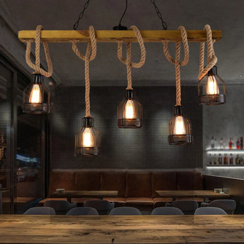 Afralia™ Vintage Droplight: Hemp Rope Wood Ceiling Chandelier for Dining, Restaurant, Cafe