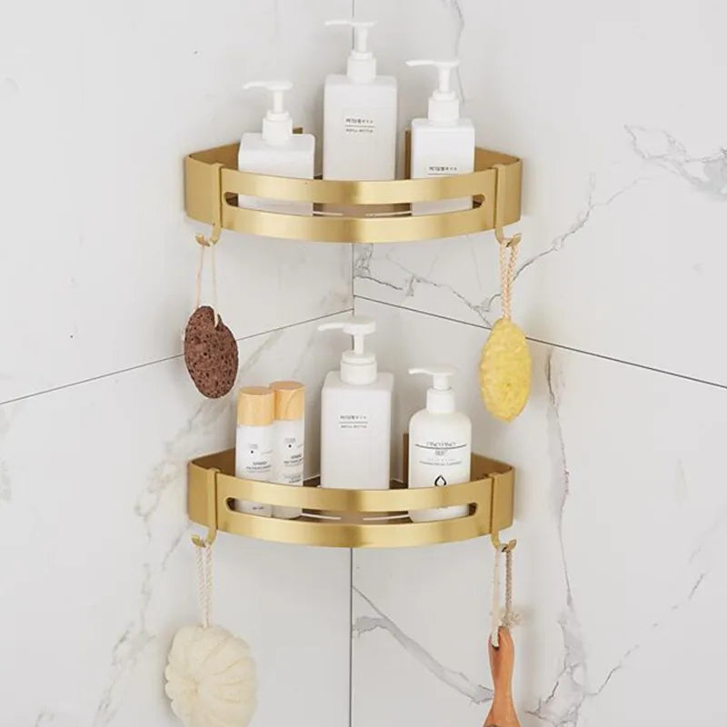 Afralia™ Aluminum Shower Shelf Brushed Gold Wall Mounted Bathroom Corner Shelf