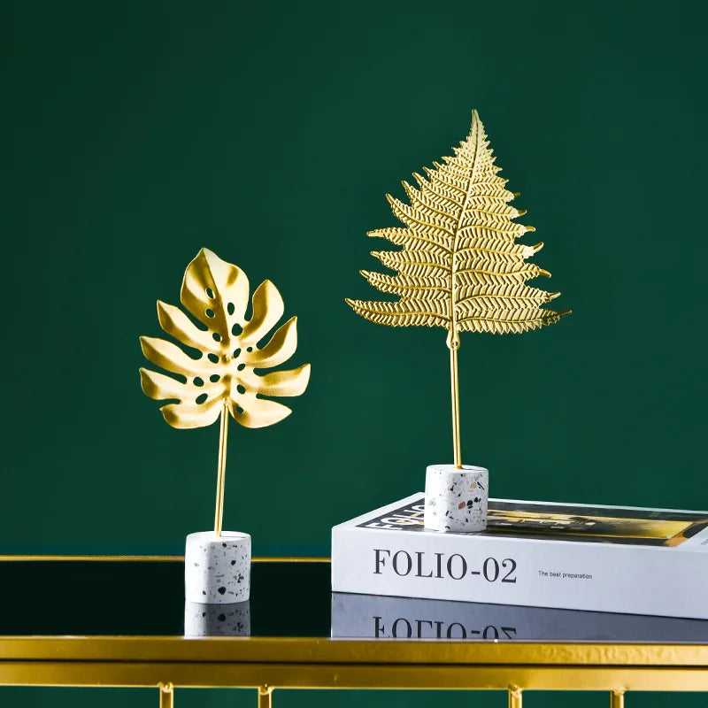 Afralia™ Gold Leaf Decorations on Marble Base - Creative Metal Crafts for Home Decor