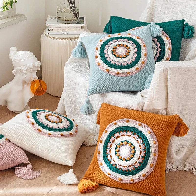 Afralia™ Floral Knit 45x45cm Cushion Cover with Tassels for Home Decoration